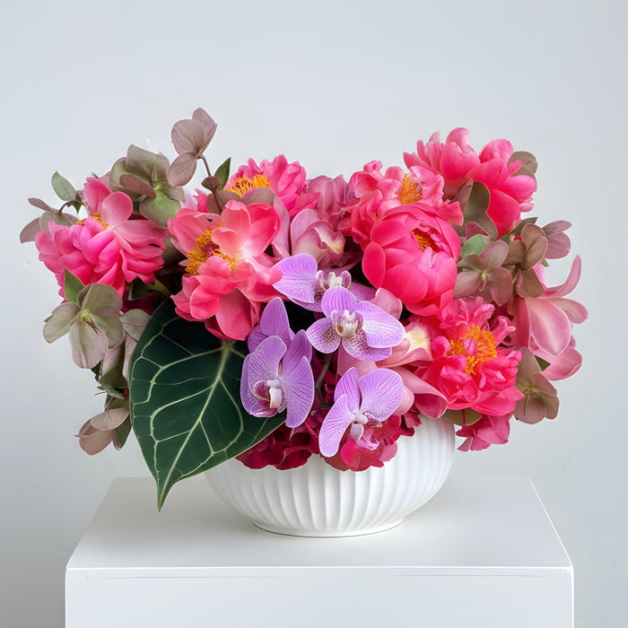 Rachel — coral peonies and pink orchids arrangement | Santa Monica Florist