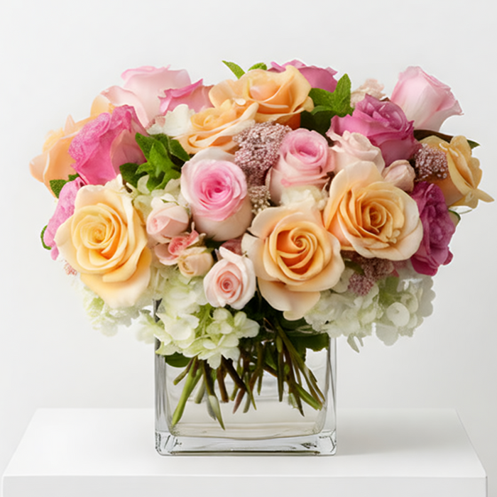 Morning Melody arrangement of Ecuadorian roses, Dutch spray roses and rice flower in a glass vase | Santa Monica Florist