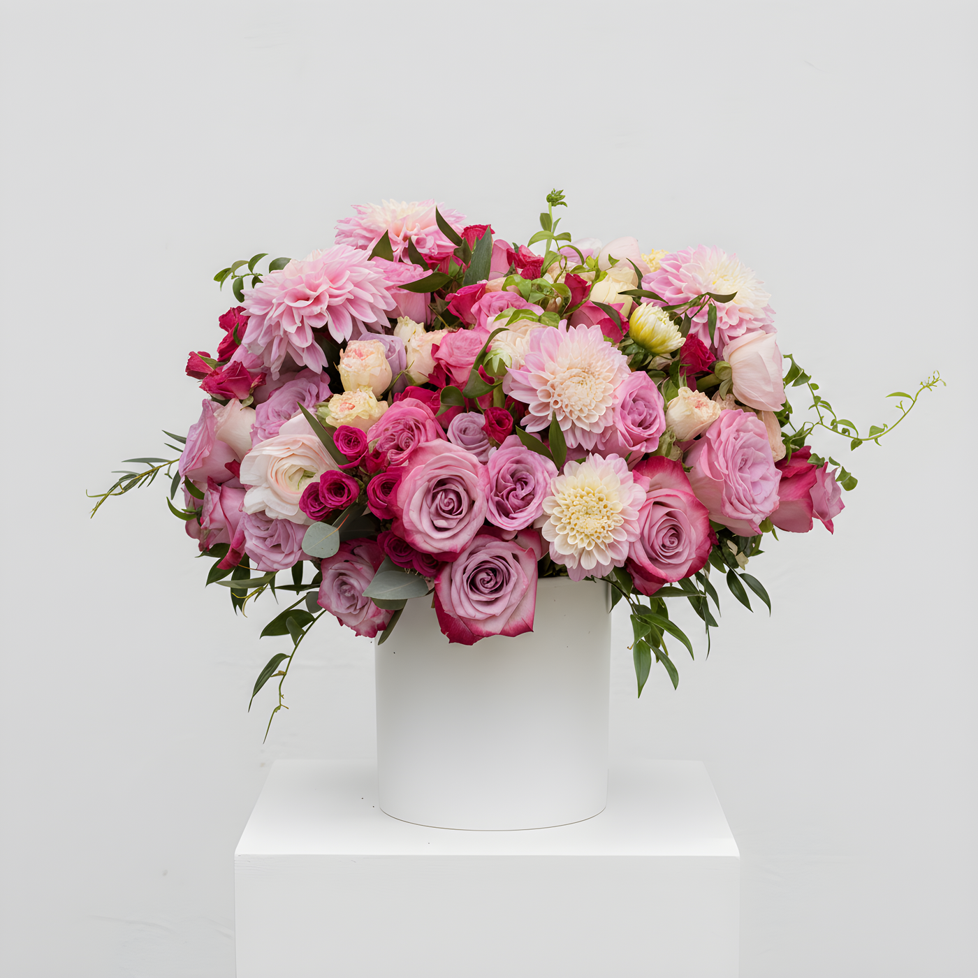Dalia's and Roses — Grand Floral Arrangement | 75+ Blooms, White Ceramic Vase