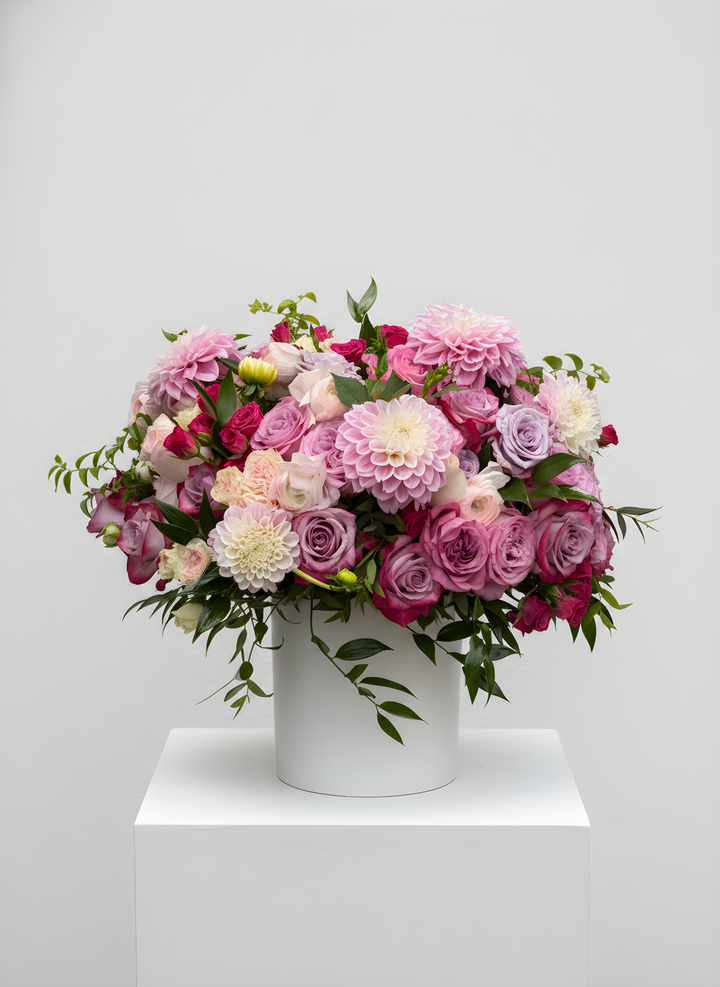 Dalia's and Roses — Grand Floral Arrangement | 75+ Blooms, White Ceramic Vase