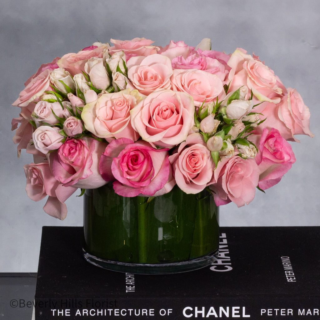 Celestial Charm - Pink Rose Bouquet in a Cylinder Glass Vase - santamonicaflorist