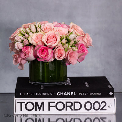 Celestial Charm - Pink Rose Bouquet in a Cylinder Glass Vase - santamonicaflorist