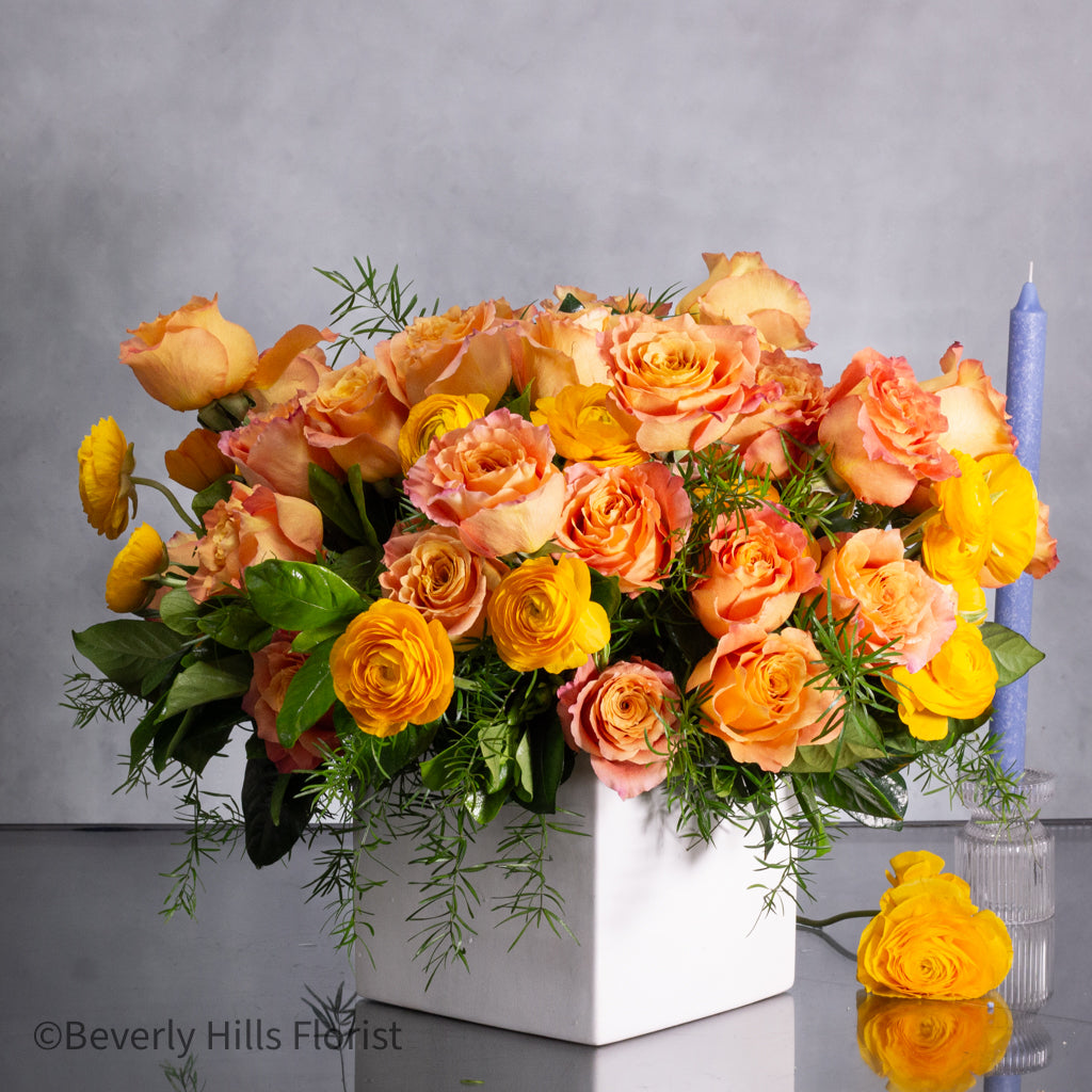 Sunset Serenade Pink Spray Roses in Ceramic Basket Arrangement
Elegant Pink Roses Arrangement in Basket for Same-Day Delivery Santa Monica
Charming Orange and Pink Flower Arrangement for Los Angeles Delivery