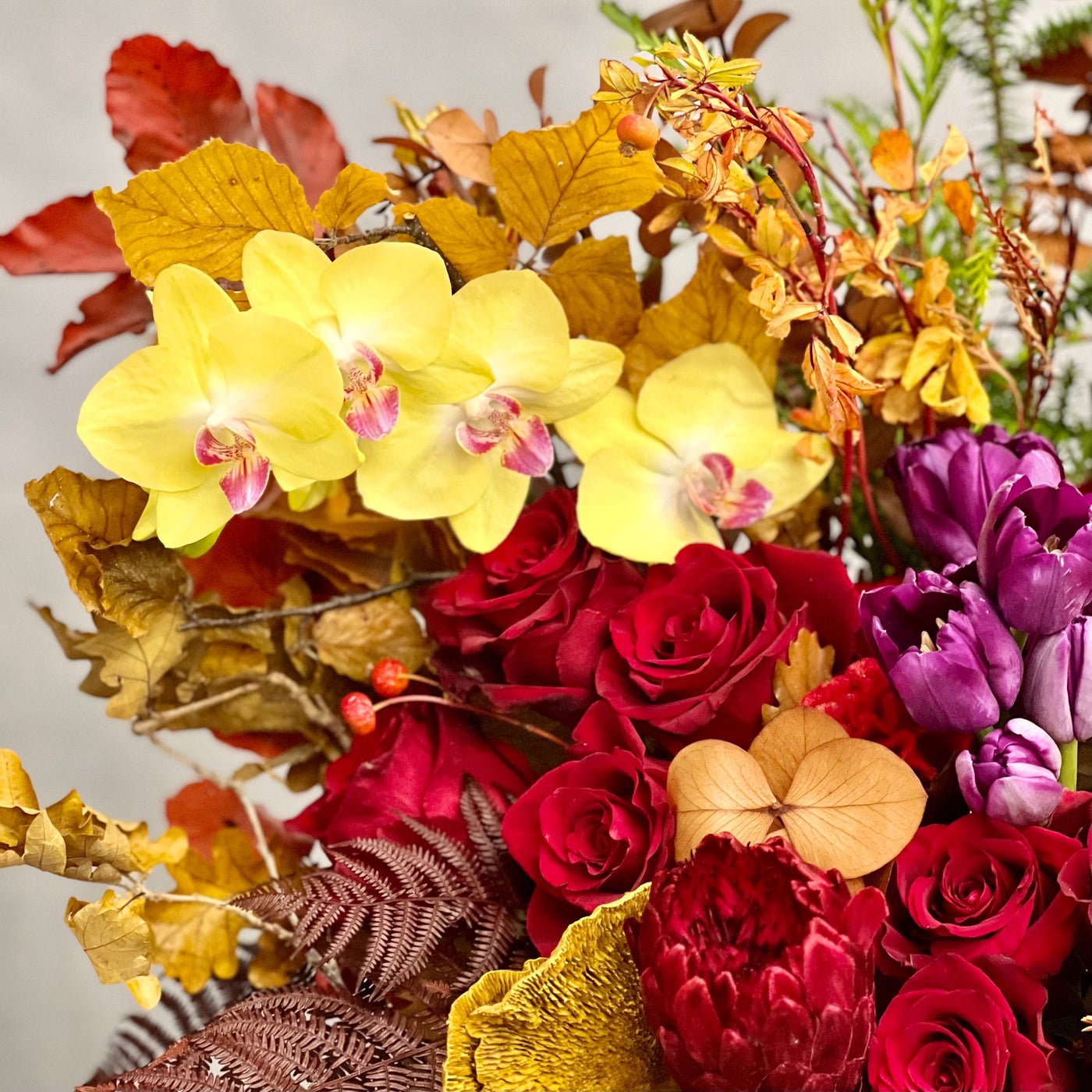 Autumn Harmony arrangement with fall flowers in vibrant reds, oranges, yellows, and browns, set in a black geometric vase, available for same-day delivery by Santa Monica Florist.