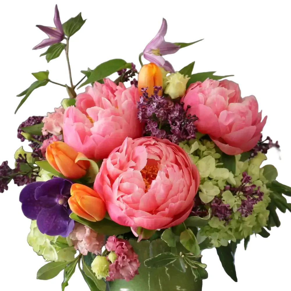 Chic ceramic vase arrangement with peonies, hydrangeas, and tulips – Los Angeles florist same day delivery