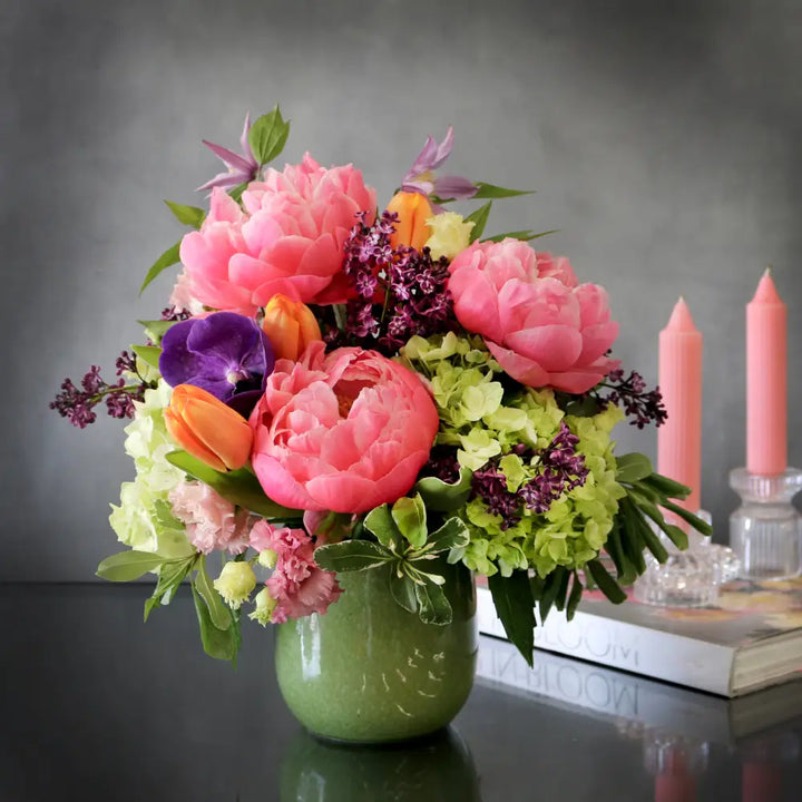 Chic ceramic vase arrangement with peonies, hydrangeas, and tulips – LA Orchidia same day delivery