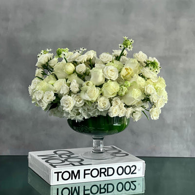 Capture The Heart arrangement with white roses and seasonal flowers in a pedestal vase, available for same-day delivery by Santa Monica Florist.