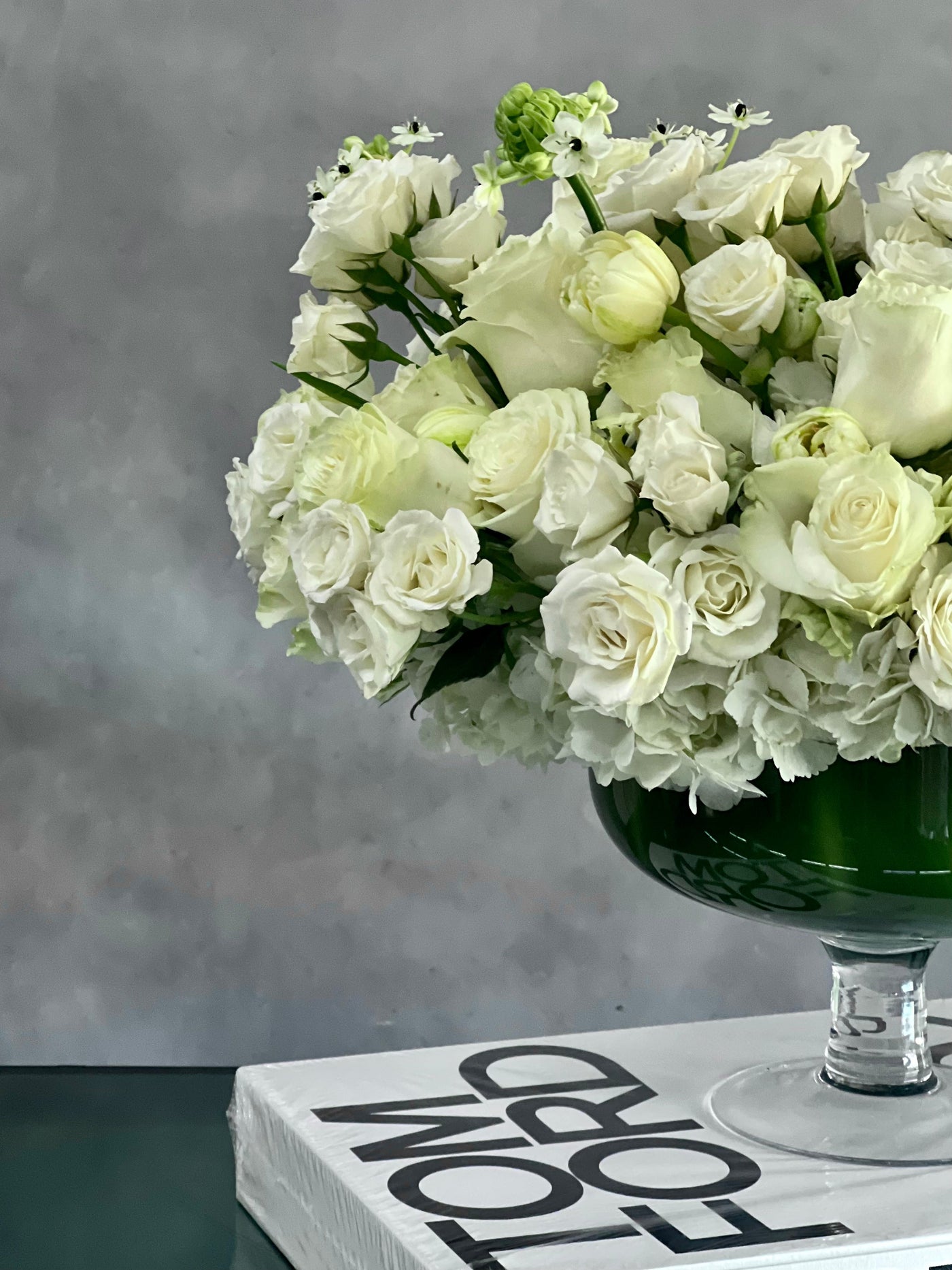 Capture The Heart arrangement with white roses and seasonal flowers in a pedestal vase, available for same-day delivery by Santa Monica Florist.