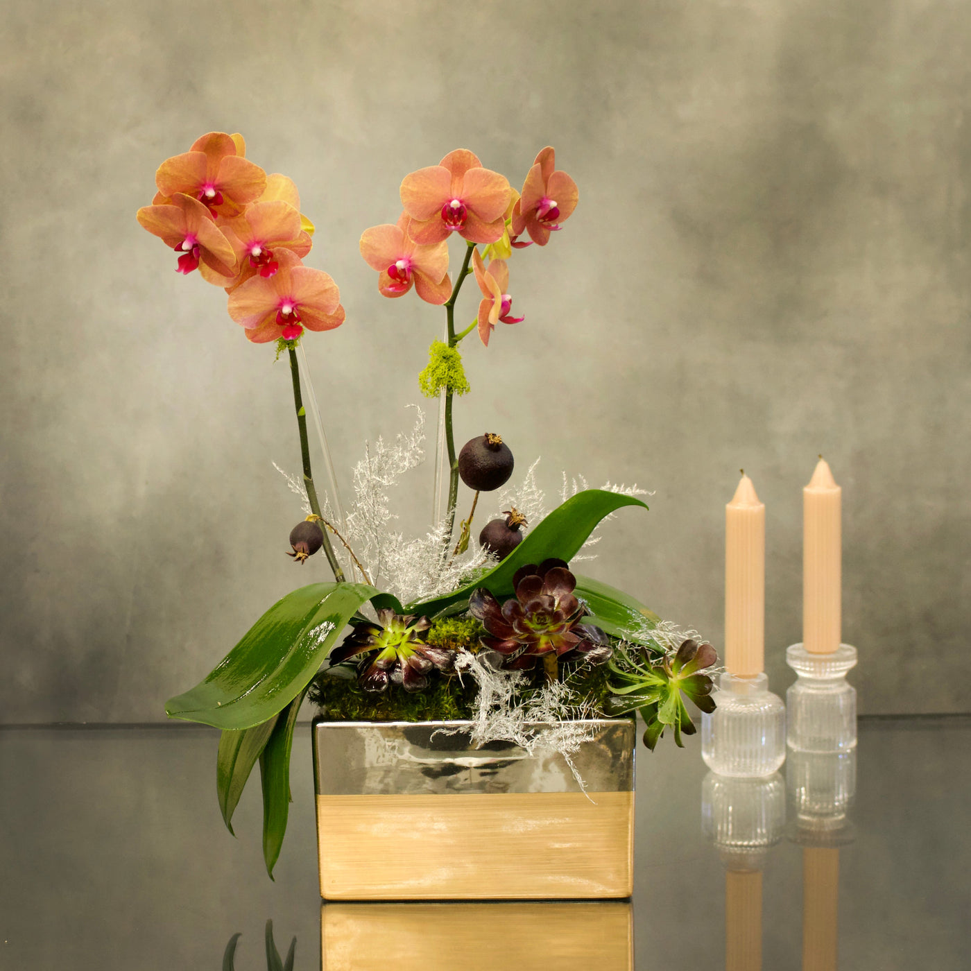 Double Peach Fall Orchids in a copper-silver vase with succulents, 18 inches tall, available for same-day delivery by Santa Monica Florist.