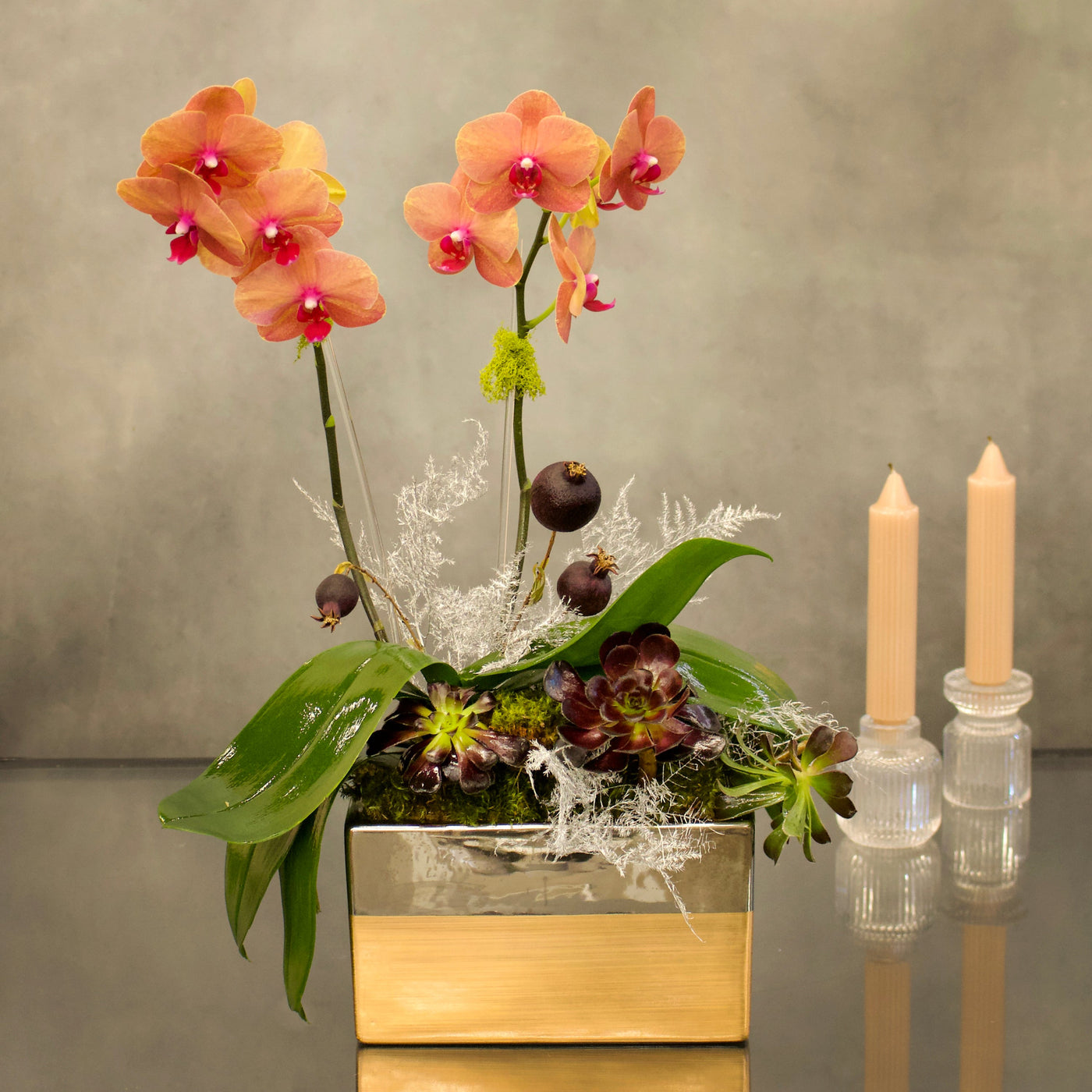 Double Peach Fall Orchids in a copper-silver vase with succulents, 18 inches tall, available for same-day delivery by Santa Monica Florist.