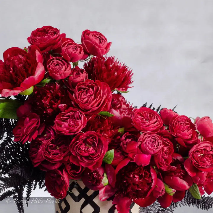 Peony Romance - LA OrchidiaPeony Romance floral arrangement with red garden spray roses and burgundy peonies in a ceramic vase, 18 inches tall, available for same-day delivery by LA Orchidia.