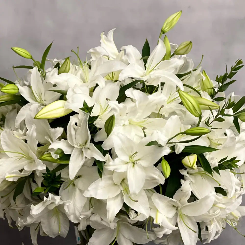 Tall long stem Casablanca lilies arranged in a glass vase with same-day delivery in Los Angeles