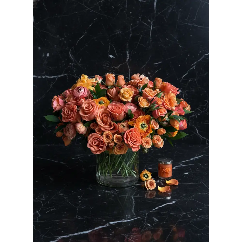 Orange roses with seasonal flowers and spray roses same day delivery Los Angeles