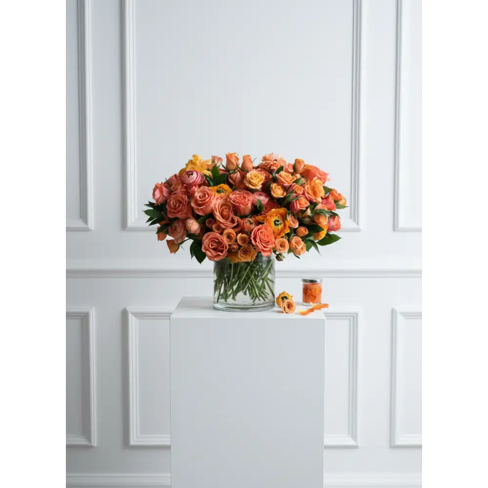 Luxury orange rose arrangement in clear glass vase by LA Orchidia
