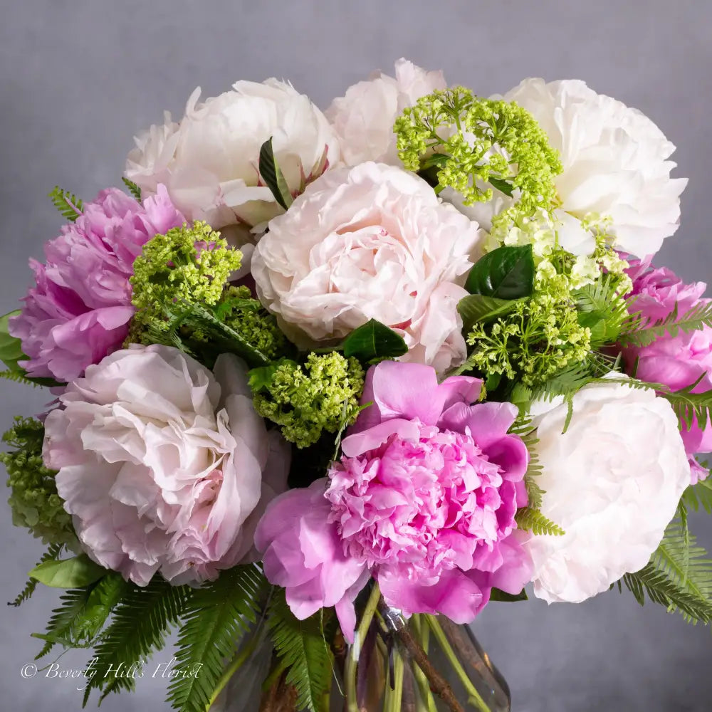Ethereal Elegance floral arrangement with pink and white peonies in a sleek vase – available for same-day delivery by Santa Monica Florist.
