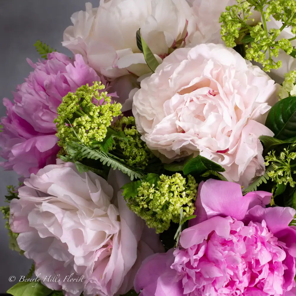 Ethereal Elegance floral arrangement with pink and white peonies in a sleek vase – available for same-day delivery by Santa Monica Florist.