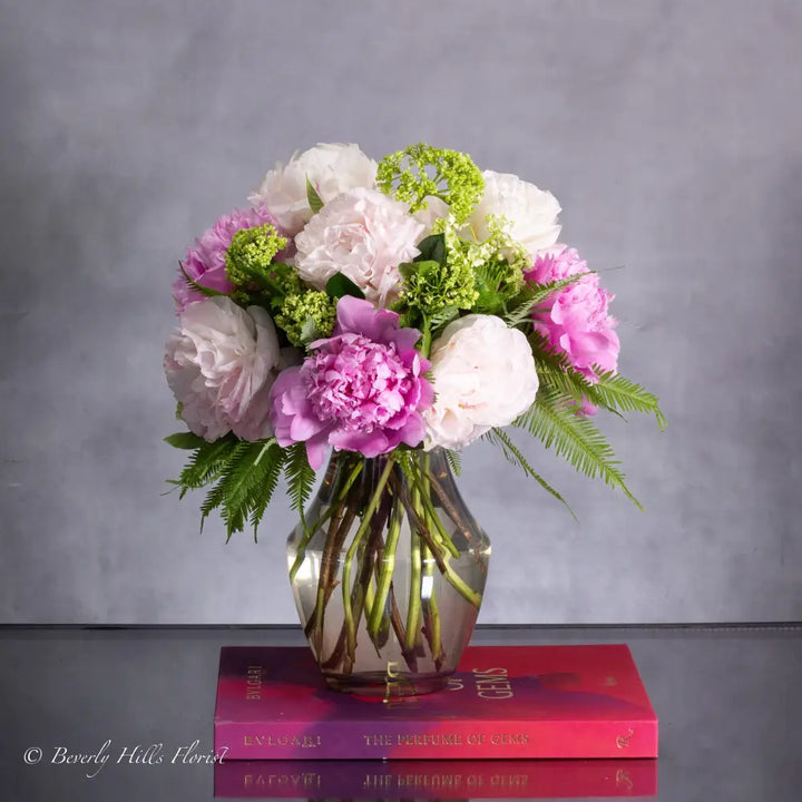 Ethereal Elegance floral arrangement with pink and white peonies in a sleek vase – available for same-day delivery by Santa Monica Florist.