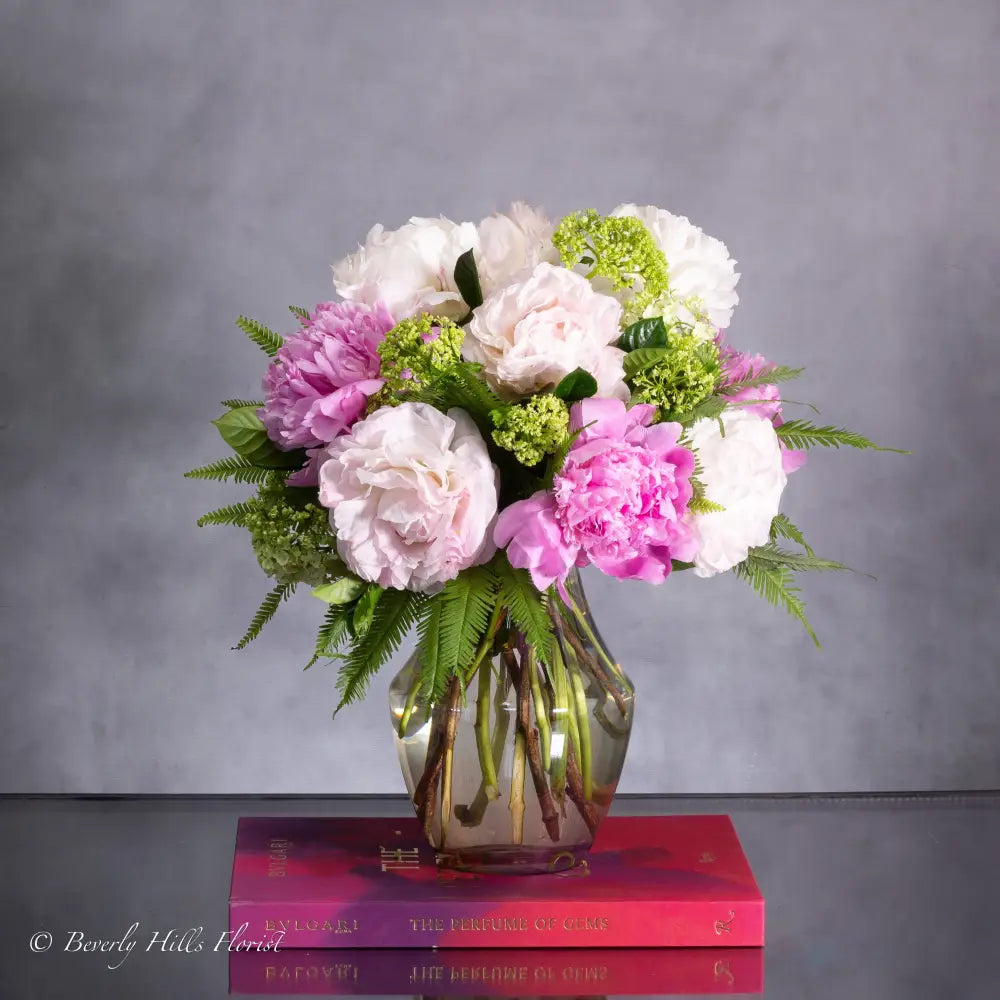 Ethereal Elegance floral arrangement with pink and white peonies in a sleek vase – available for same-day delivery by Santa Monica Florist.