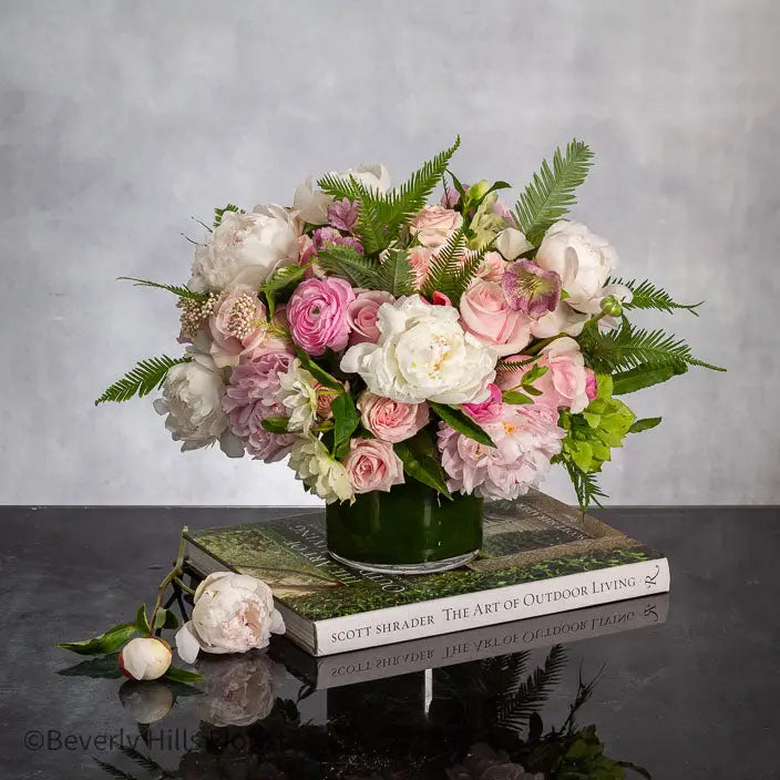 White peony and pink rose flower arrangement in glass vase for birthday with same-day delivery in Santa Monica and Los Angeles