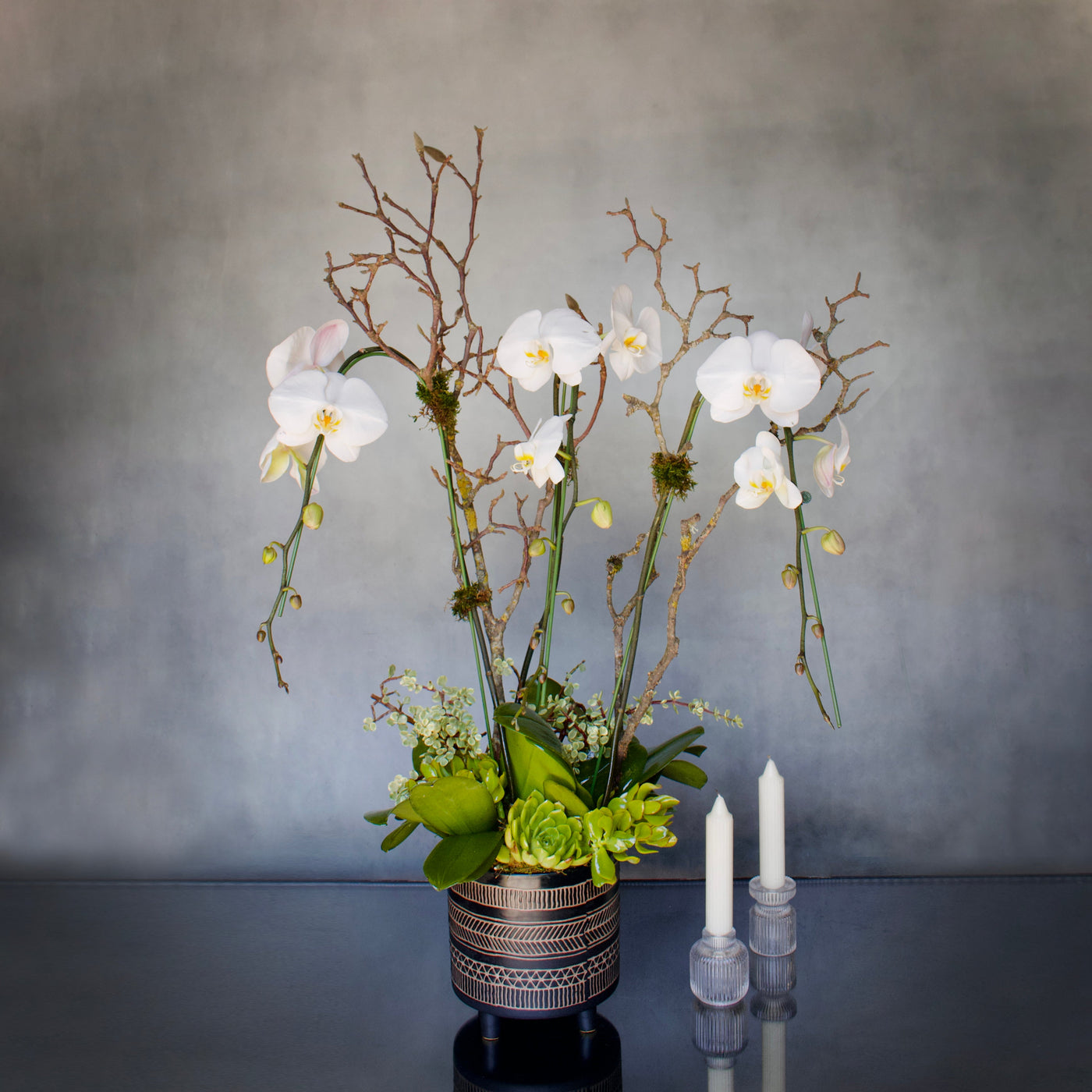 White Orchids on pedestal - santamonicaflorist